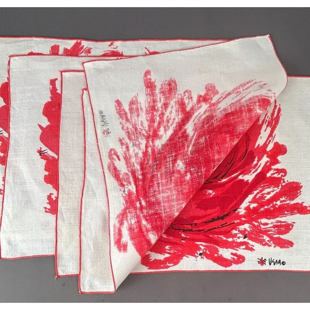Vintage Vera Neumann Large Red Flower Linen Placemat Set of 4